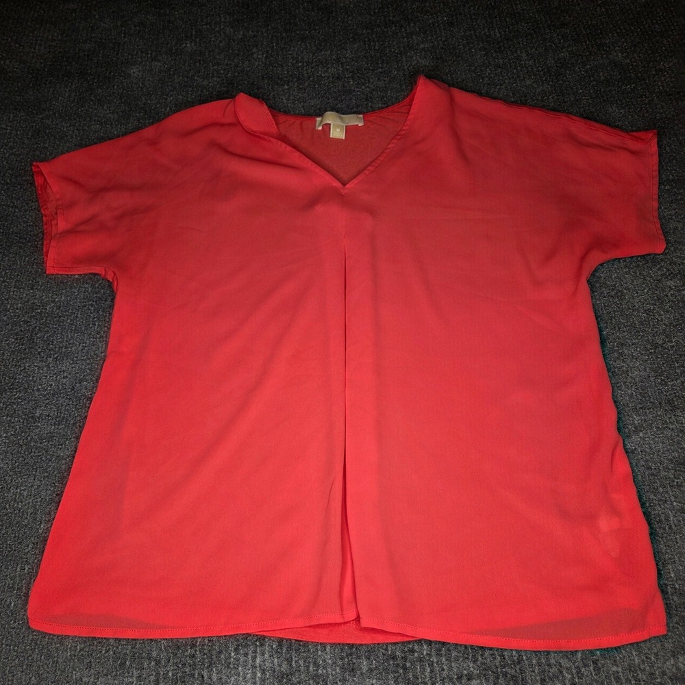 Michael Kors Coral Short Sleeve‎ V Neck Pleated Blouse Top Size M
